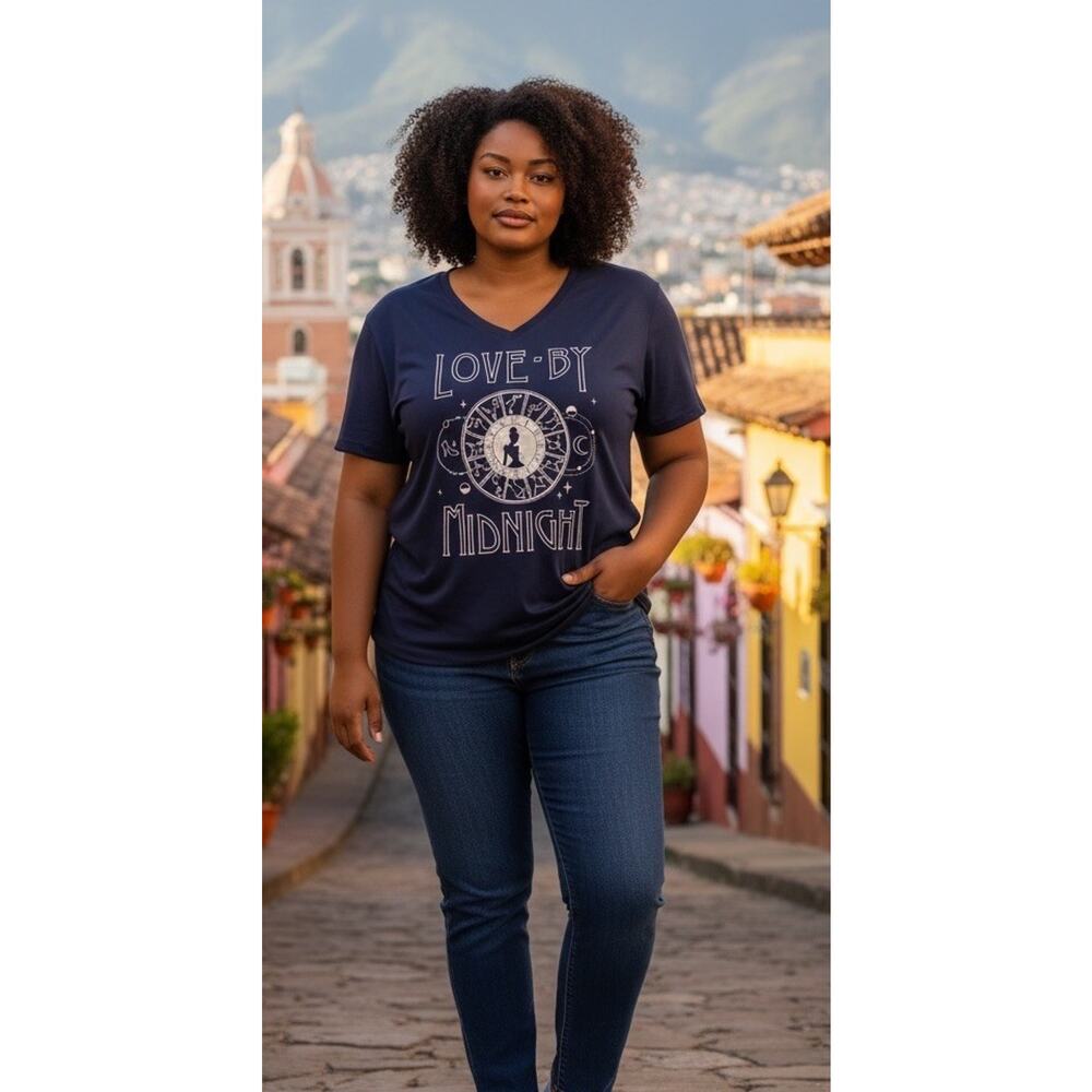 Women's Plus 4 4X Disney Cinderella Celestial Midnight V-Neck Graphic Tee Navy
